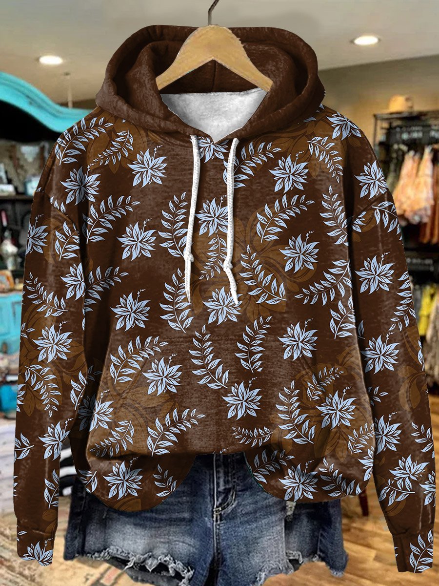 Retro Brown Floral Art Print Casual Hoodie Sweatshirt