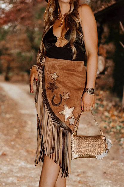 Pretty Fringed Star Suede Skirt