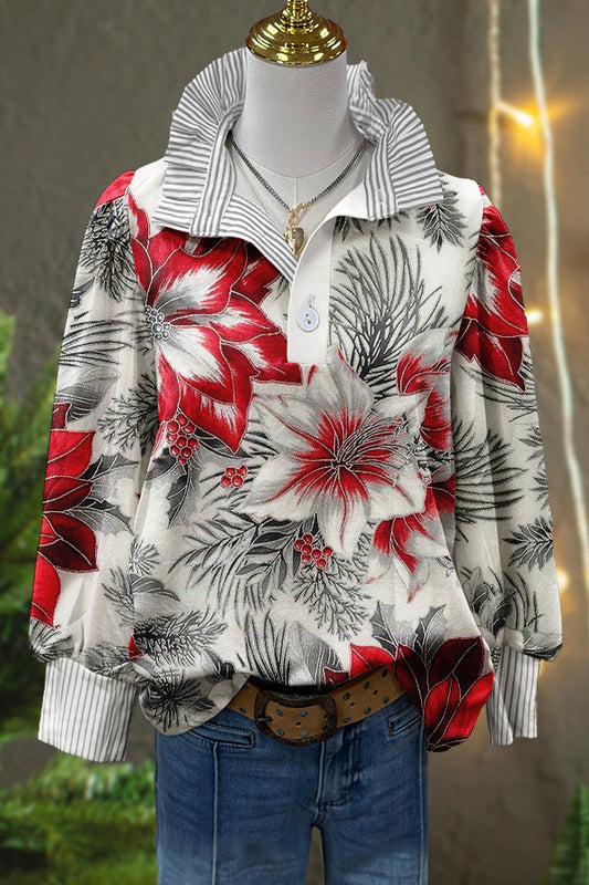 Classic Christmas Floral Print Puff Sleeve Blouse