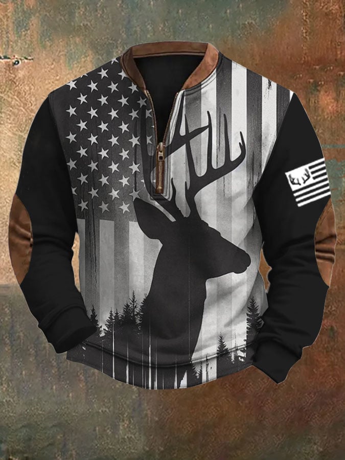 Men's Desert Deer &Flag Printed Zip Collar Sweatshirt