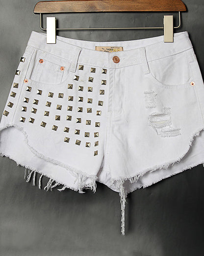 Distressed Rivets Irregular Whiskered Denim High-Waisted Shorts