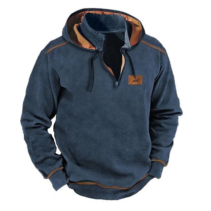 Men's Vintage Country Elk Hunting Contrast Zip-Up Stand Collar Patchwork Hooded Sweatshirt