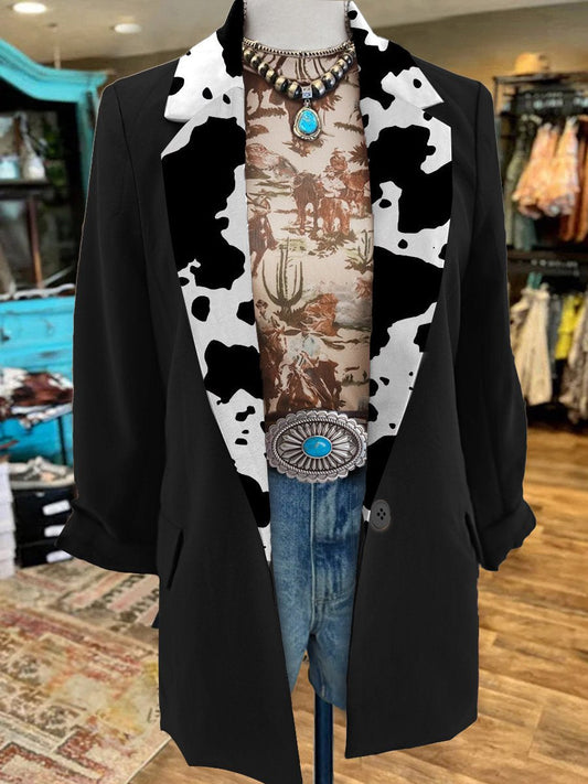 Women's Black Cow Print 3/4 Sleeve Casual Blazer