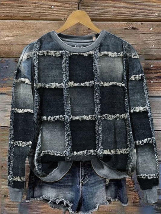 Vintage Denim Patchwork Art Comfy Sweatshirt