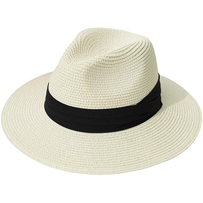 Wide Brim Straw Panama Roll up Hat Belt Buckle Fedora Beach Sun Hat