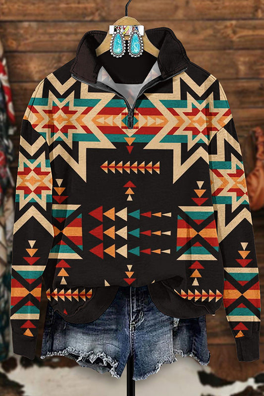 Retro Western Aztec Print Zip-Up Sweatshirt