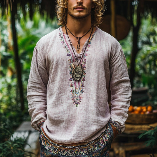 Men's Bohemian Holiday Style Vintage Linen Printed Casual Long Sleeve Top