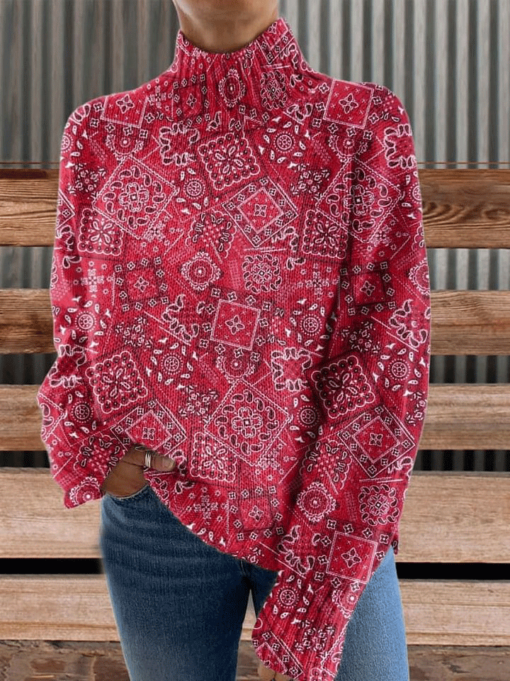 Paisley Print Knit Turtleneck Pullover Sweater