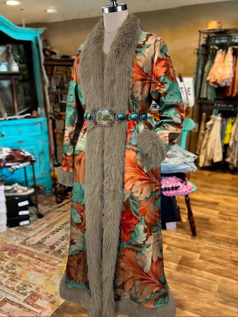 Women's Vintage  Printed Fur Patchwork Suede Long Afghan Coat