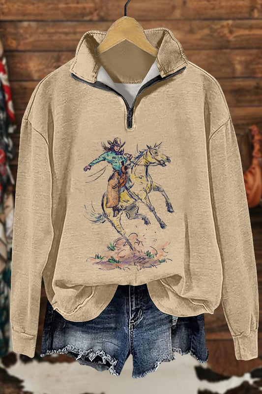 Retro Western Cowgirl Print Sweatshirt