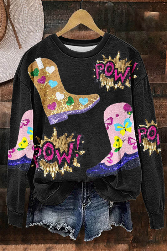 Shiny Western Cowboy Boots Print Sweatshirt