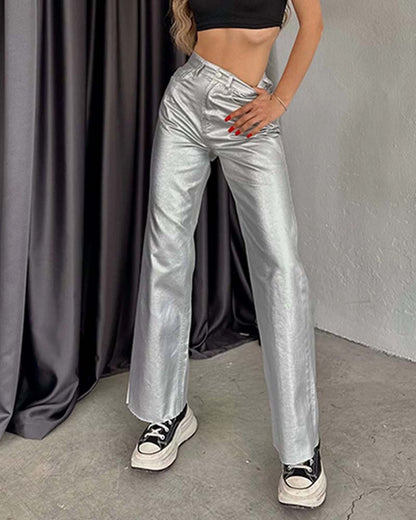 Women Vintage Straight-Leg Gold And Silver Pants