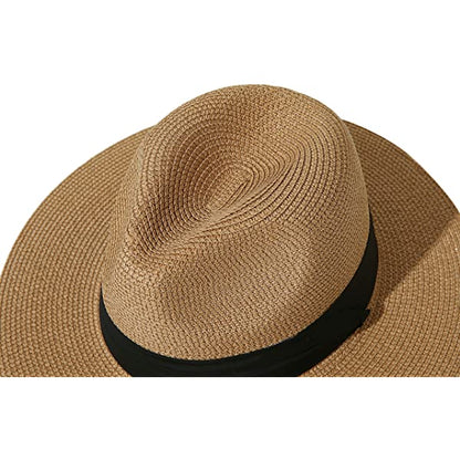 Wide Brim Straw Panama Roll up Hat Belt Buckle Fedora Beach Sun Hat