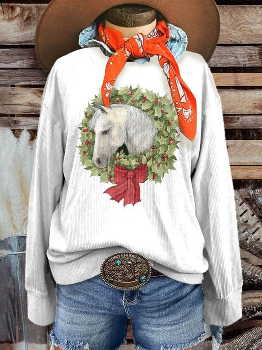 Women's Christmas Horse Casual Print Corduroy Sweatshirt