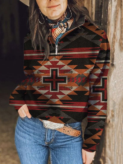 Women's Vintage Aztec Print Zip Long Sleeve Sweatshirt