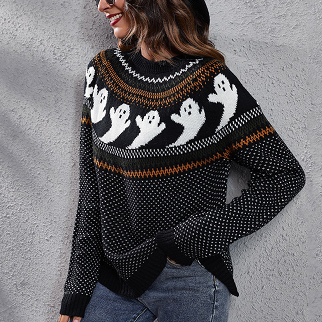 Autumn And Winter Halloween Ghost Retro Polka Dot Long Sleeve Knitted Loose Sweater Women