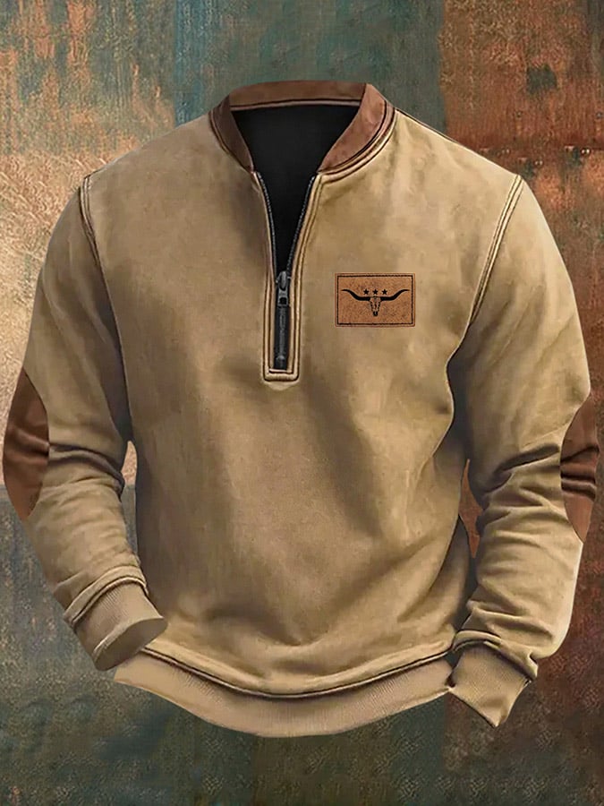 Men's Vintage Western Elk Print Zip-Up Sweatshirt