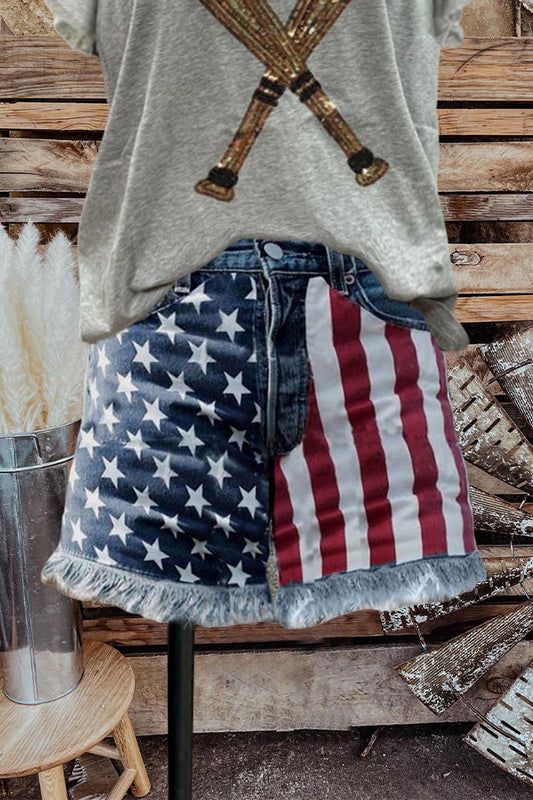 Flag Print Washed Frayed Jeans Shorts