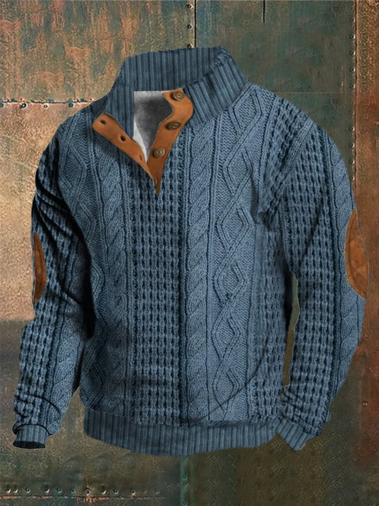 Men's Western Vintage Knitted Jacquard Print Stand Collar Button Sweatshirt