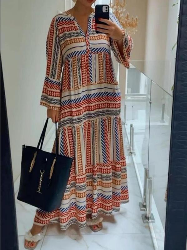 Women's casual resort printed V-neck long dress