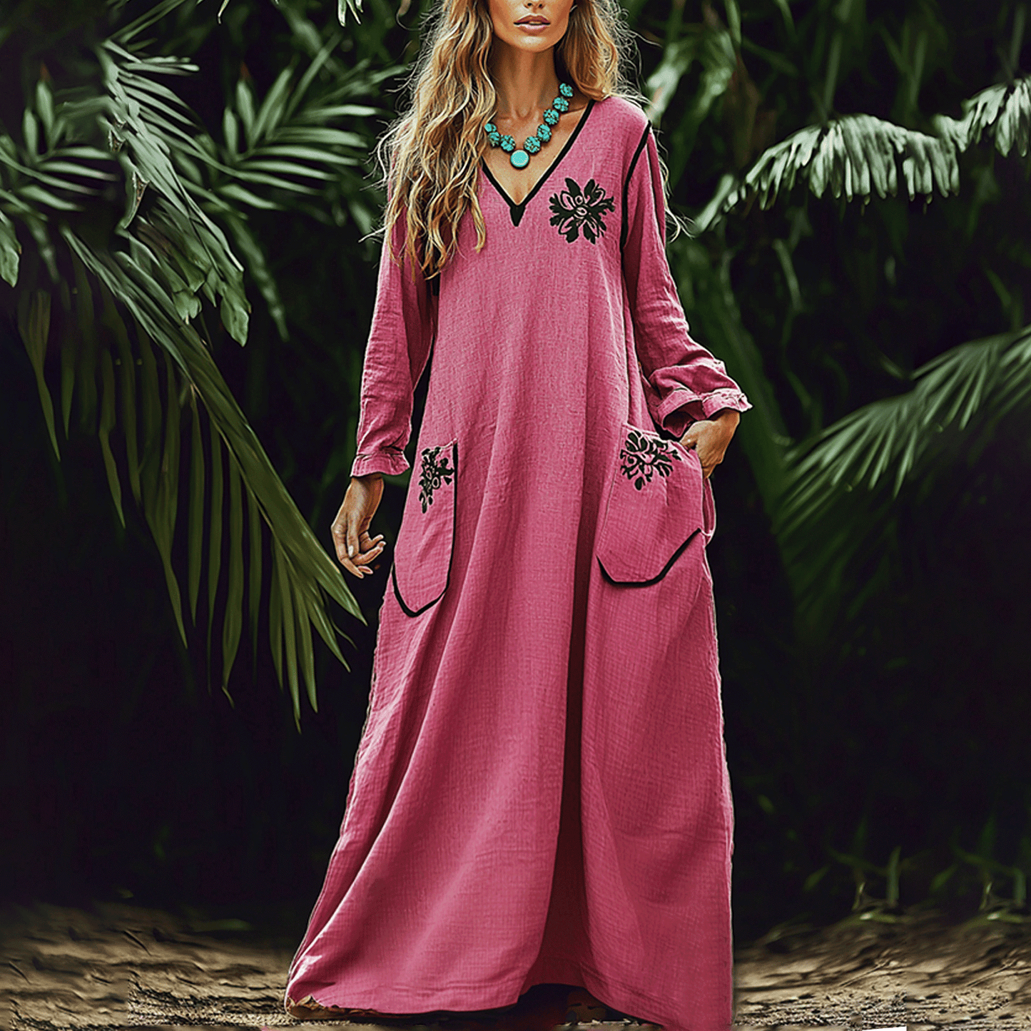 Women's Vintage Contrast Pocket Long Sleeve Linen Maxi Dress