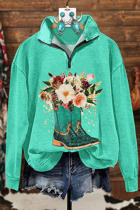 Western Turquoise Boots Floral Zip Sweater