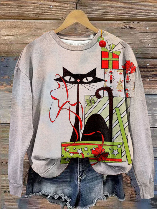 Vintage Christmas Funny Cat Art Print Casual Sweatshirt