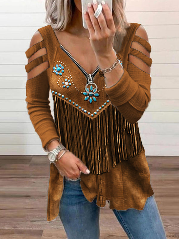 Western Turquoise Floral Tassels Hollow Shoulder Zip Up T Shirt