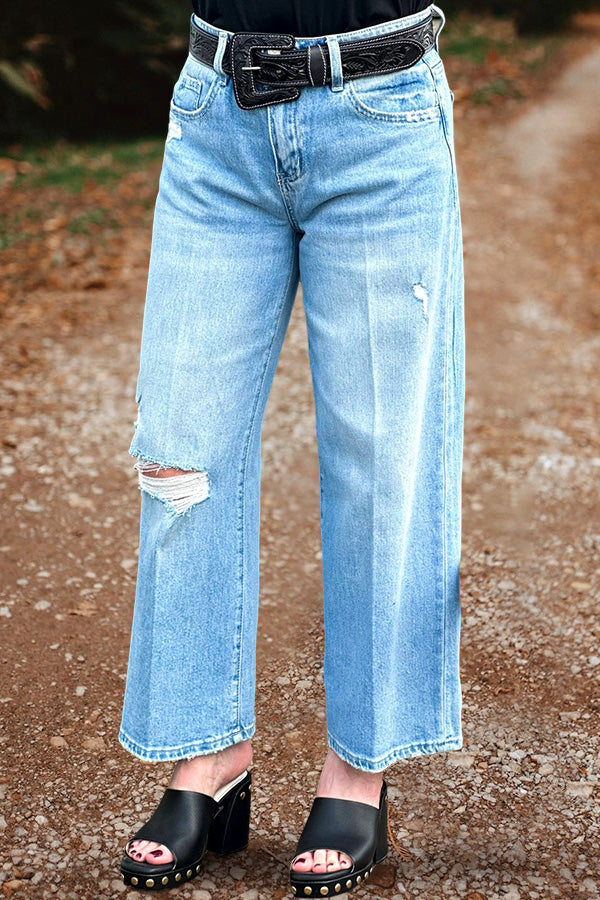 Vintage Washed Distressed Wide Leg Jeans