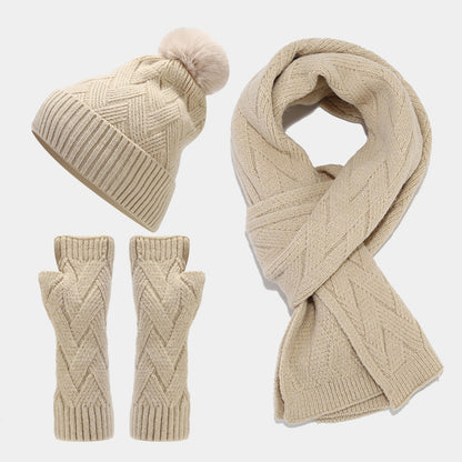 Unisex Christmas Warm Hat Gloves Scarf Solid Color Knitted Set