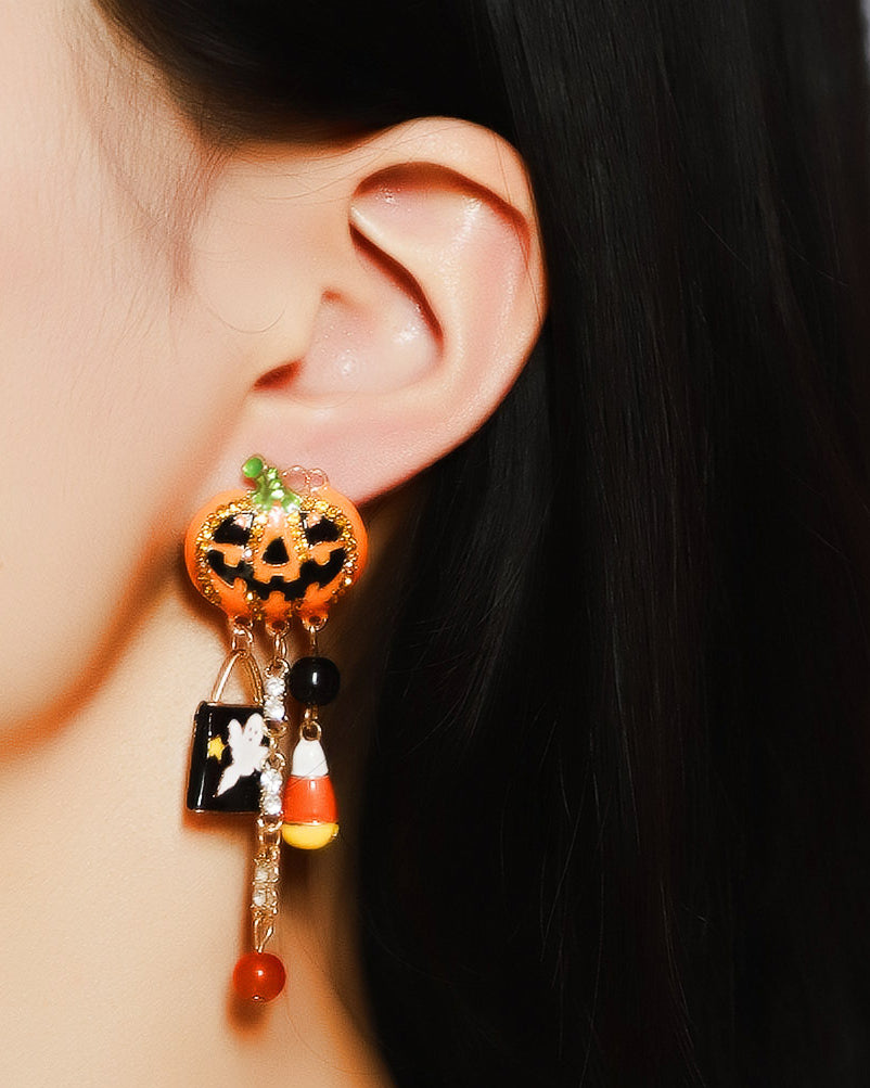 Halloween Oil Drop Zirconia Pumpkin Skull Tassel Earrings