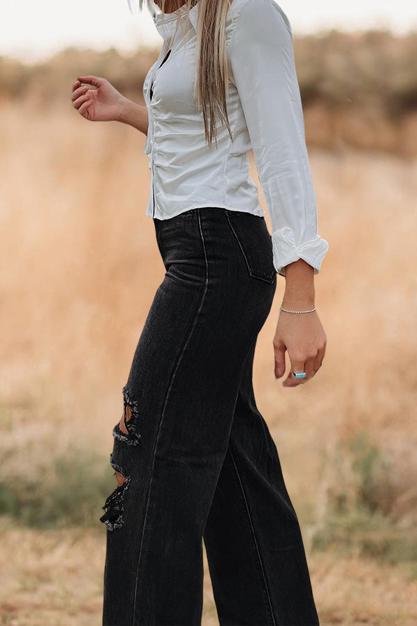 Vintage Wash Ripped Wide-Leg Jeans