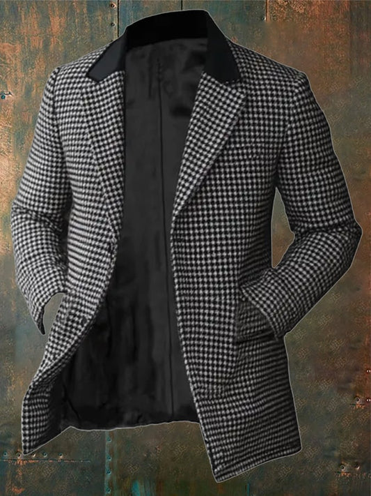 Men's Vintage Outdoor Leisure Collar Splicing Houndstooth Coat