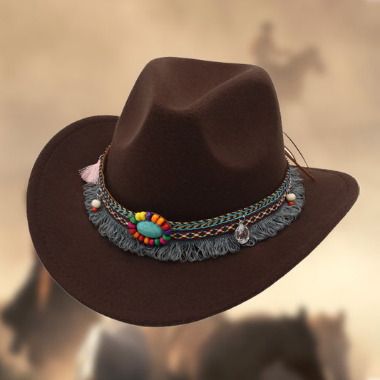 Men's Vintage Western Ethnic Tassels Cowboy Hat Knight Woolen British Felt Hat