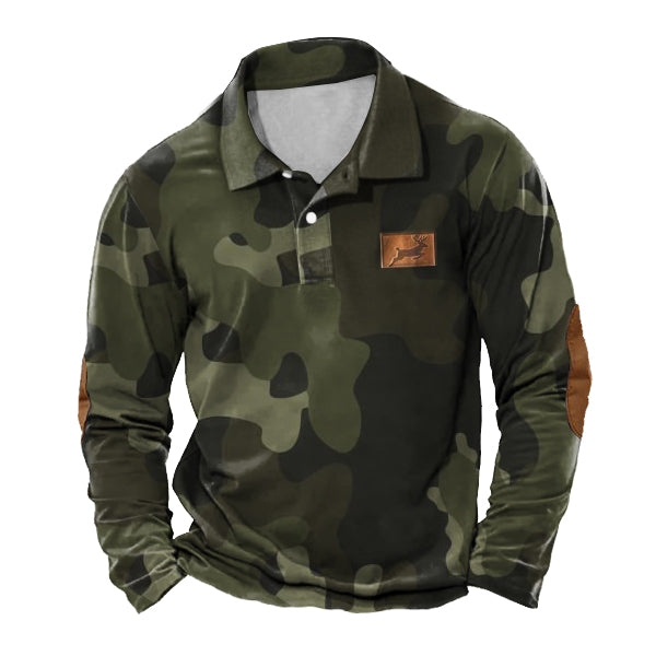 Men's Vintage Camouflage Polo Shirt Outdoor Elk Hunting Casual Long Sleeve Top