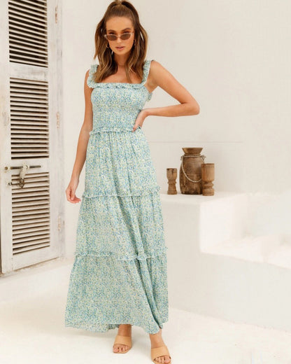 Small Floral Print Fresh and Sweet Breast-Wrap Long Dress