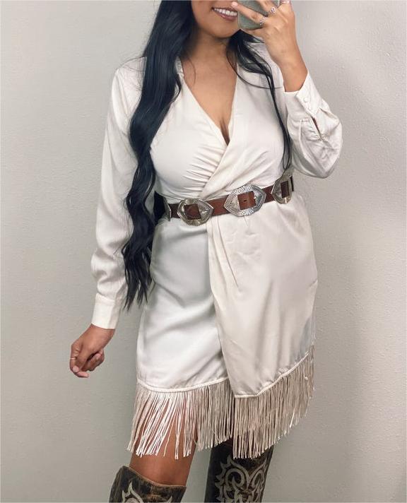 White Fringed Hem Satin Wrap Dress