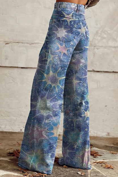 Vintage Blue Purple Star Print Wide Leg Pants