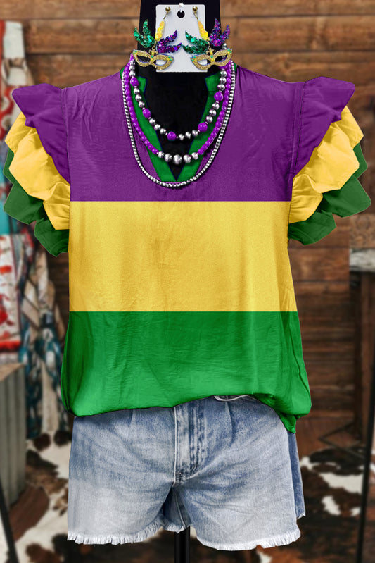 Classic Mardi Gras Contrast Fly Sleeve Blouse