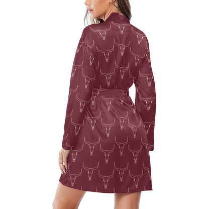 Burgandy Longhorn Women's Belted Satin Feel Dressing Lounge Robe