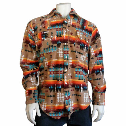 Men's Native Pattern Fleece Western Shirt in Camel & Red