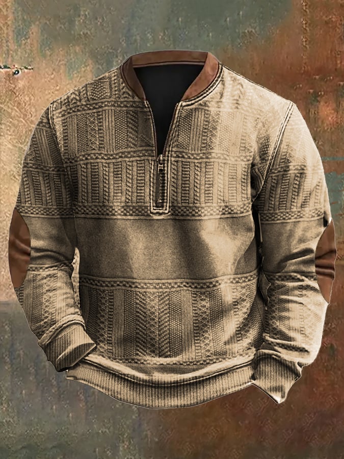 Men's Vintage Knit Print Zip-Up Sweatshirt