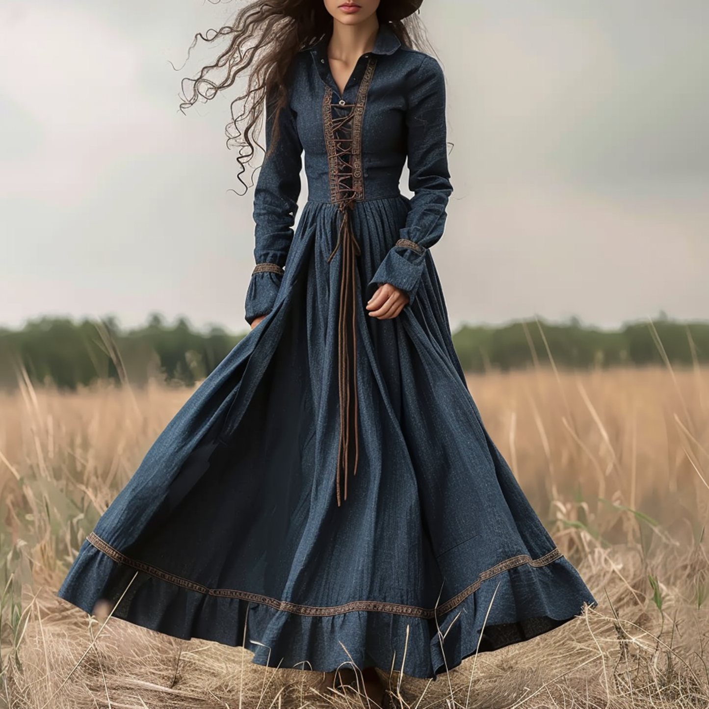 Vacation Retro Denim Medieval Style Long Skirt