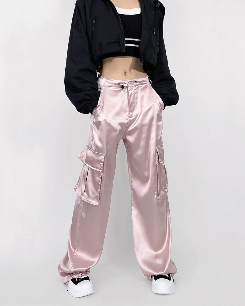 Loose Straight High-Waisted Casual Satin Overalls