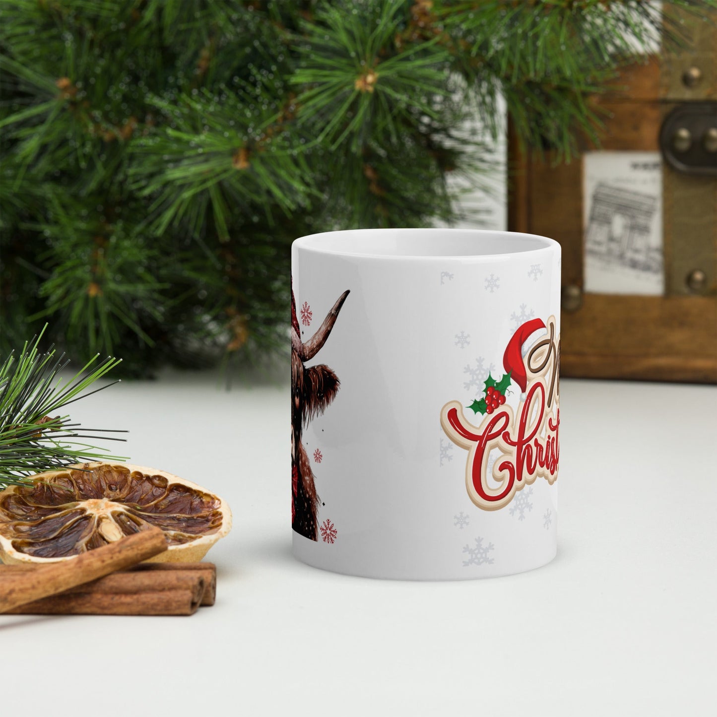 Merry Christmas Highland White Glossy Mug