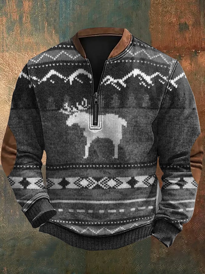 Men's Vintage Western Knit Print Zip-Neck Sweatshirt