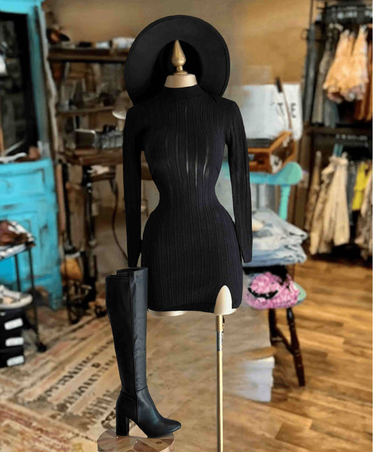 Black Slit Fit Mini Long sleeve Dress