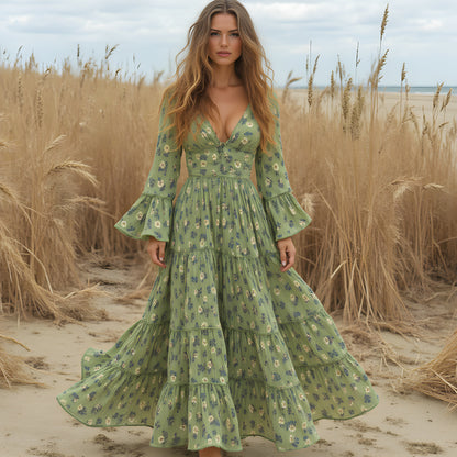 Women's Casual Chiffon Floral Long-sleeved Long Dress