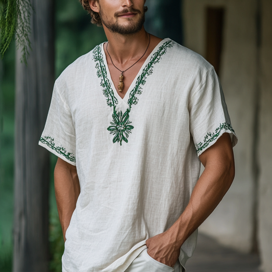 Men's Casual Retro Cotton And Linen Short-sleeved T-shirt