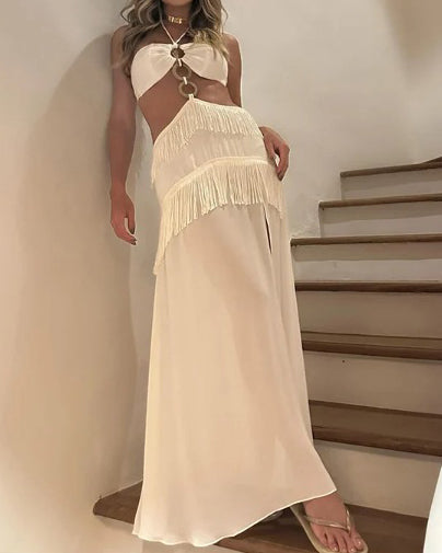 Tassel Embellished Strapless Long Dress